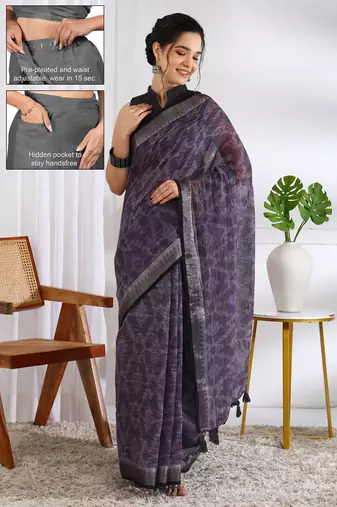 cotton blend geometric print ready to wear saree with pocket dark purple