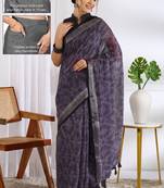 cotton blend geometric print ready to wear saree with pocket dark purple
