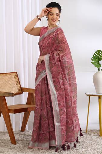 cotton blend geometric print ready to wear saree with pocket coral pink