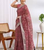 cotton blend geometric print ready to wear saree with pocket coral pink
