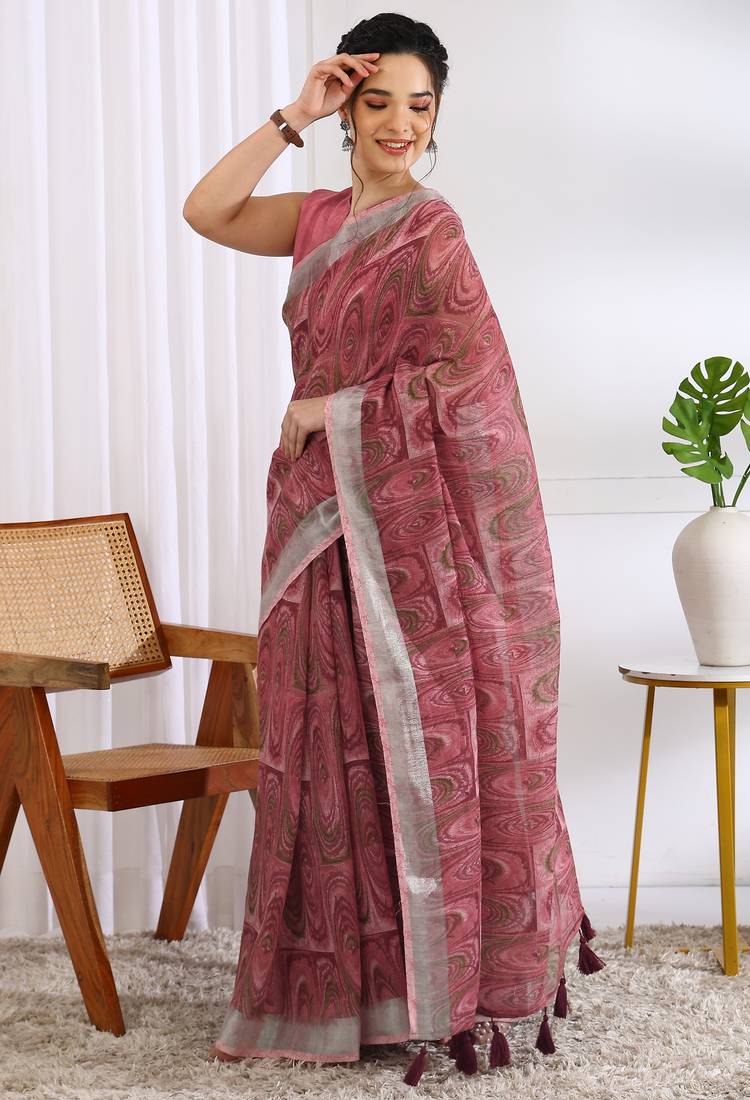 cotton blend geometric print ready to wear saree with pocket coral pink