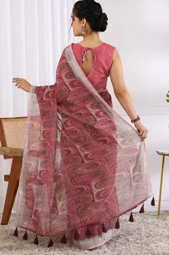 cotton blend geometric print ready to wear saree with pocket dark beige