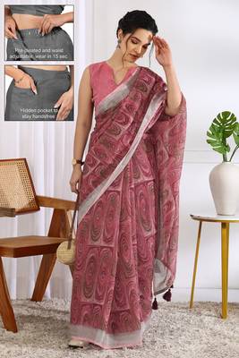 cotton blend geometric print ready to wear saree with pocket dark beige 3