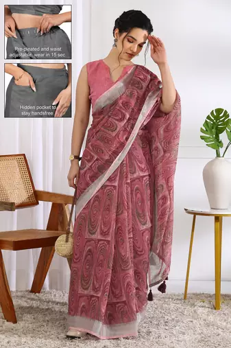 cotton blend geometric print ready to wear saree with pocket dark beige