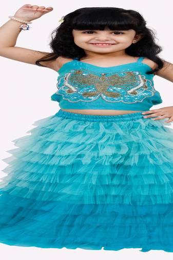 Elaisha woven sleeveless placement embroidered top with net lehenga-blue