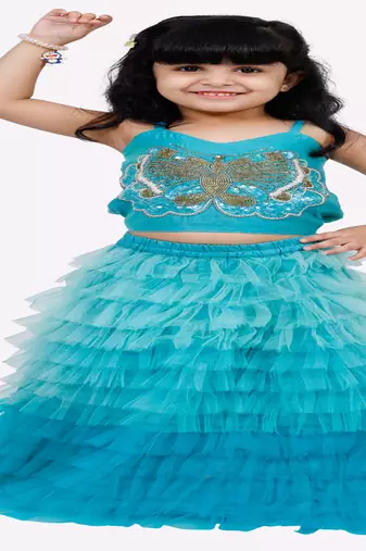 Elaisha woven sleeveless placement embroidered top with net lehenga-blue