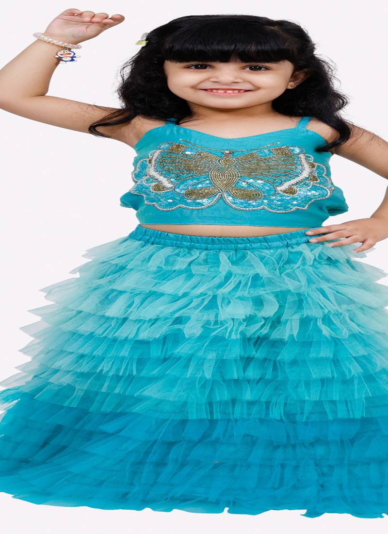 Elaisha woven sleeveless placement embroidered top with net lehenga-blue