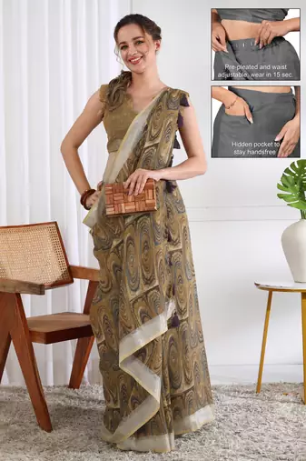 cotton blend geometric print ready to wear saree with pocket dark beige