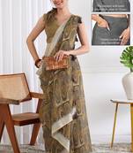 cotton blend geometric print ready to wear saree with pocket dark beige