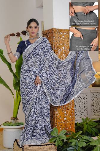 cotton blend batik block print ready to wear saree with pocket navy blue