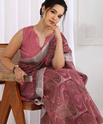 cotton blend geometric print ready to wear saree with pocket dark beige 5