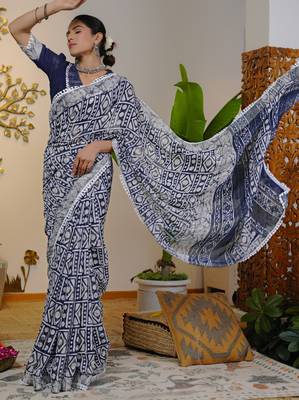 cotton blend batik block print ready to wear saree with pocket black 2