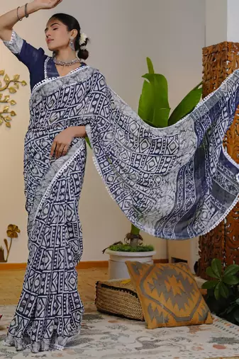 cotton blend batik block print ready to wear saree with pocket black