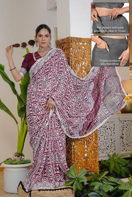 cotton blend batik block print ready to wear saree with pocket maroon 1