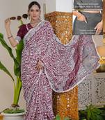 cotton blend batik block print ready to wear saree with pocket maroon