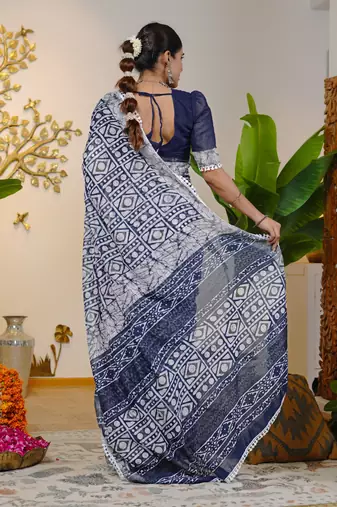 cotton blend batik block print ready to wear saree with pocket black