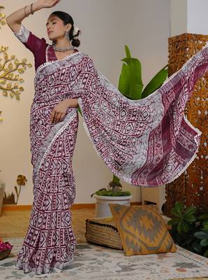 cotton blend batik block print ready to wear saree with pocket maroon 2