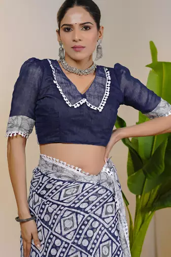 cotton blend batik block print ready to wear saree with pocket black