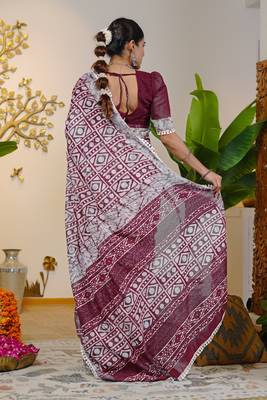 cotton blend batik block print ready to wear saree with pocket maroon 3