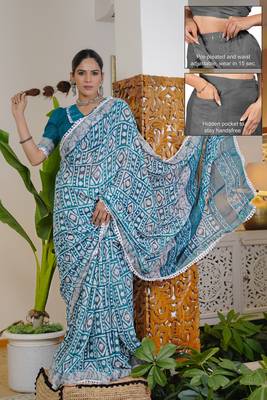 cotton blend batik block print ready to wear saree with pocket turquoise blue 1