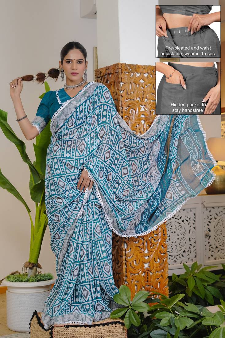 cotton blend batik block print ready to wear saree with pocket turquoise blue