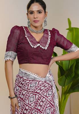 cotton blend batik block print ready to wear saree with pocket maroon 4