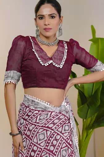 cotton blend batik block print ready to wear saree with pocket maroon