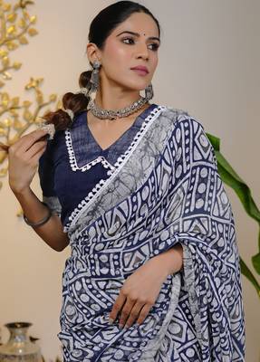 cotton blend batik block print ready to wear saree with pocket black 5