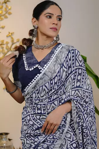 cotton blend batik block print ready to wear saree with pocket black