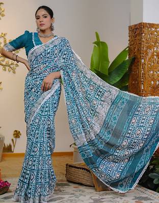 cotton blend batik block print ready to wear saree with pocket turquoise blue 2