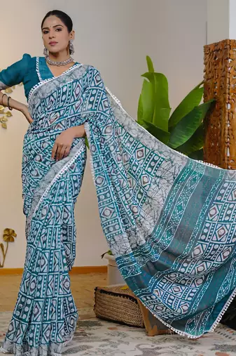 cotton blend batik block print ready to wear saree with pocket turquoise blue