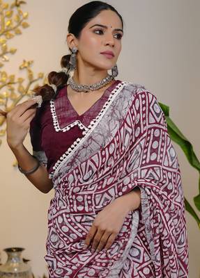 cotton blend batik block print ready to wear saree with pocket maroon 5
