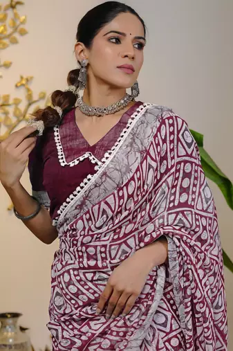 cotton blend batik block print ready to wear saree with pocket maroon
