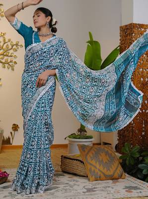 cotton blend batik block print ready to wear saree with pocket turquoise blue 3
