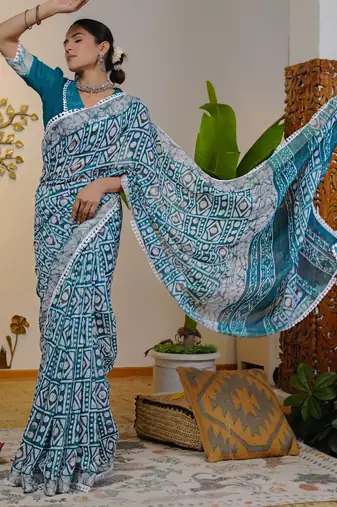 cotton blend batik block print ready to wear saree with pocket turquoise blue