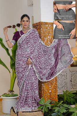 cotton blend batik block print ready to wear saree with pocket magenta 1