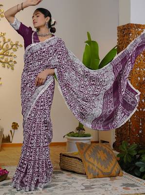 cotton blend batik block print ready to wear saree with pocket magenta 2
