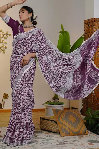 cotton blend batik block print ready to wear saree with pocket magenta