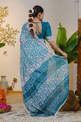 cotton blend batik block print ready to wear saree with pocket turquoise blue 4