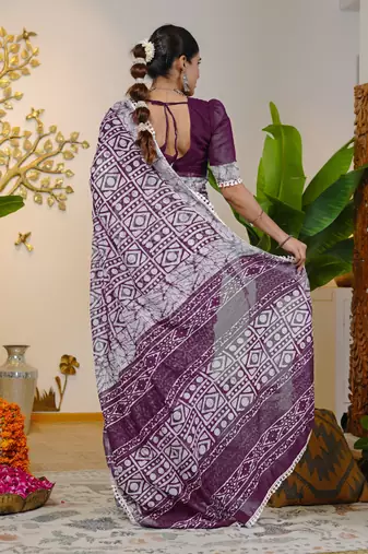 cotton blend batik block print ready to wear saree with pocket magenta