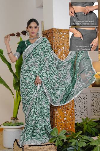 cotton blend batik block print ready to wear saree with pocket green
