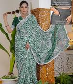 cotton blend batik block print ready to wear saree with pocket green