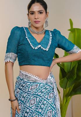 cotton blend batik block print ready to wear saree with pocket turquoise blue 5