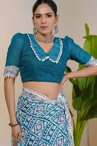 cotton blend batik block print ready to wear saree with pocket turquoise blue