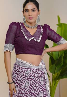 cotton blend batik block print ready to wear saree with pocket magenta 4