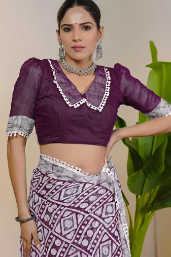 cotton blend batik block print ready to wear saree with pocket magenta