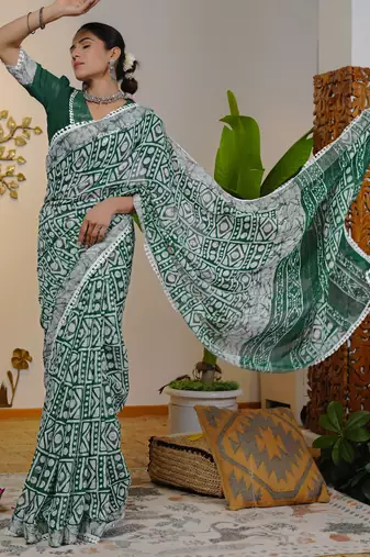 cotton blend batik block print ready to wear saree with pocket green
