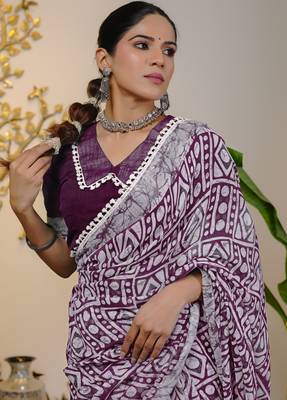 cotton blend batik block print ready to wear saree with pocket magenta 5