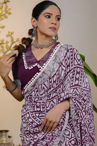 cotton blend batik block print ready to wear saree with pocket magenta