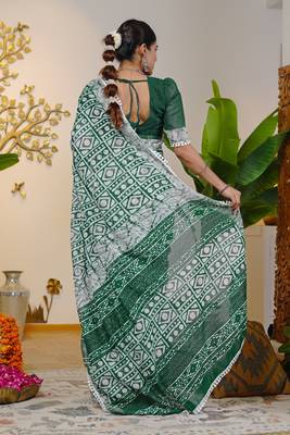 cotton blend batik block print ready to wear saree with pocket green 3